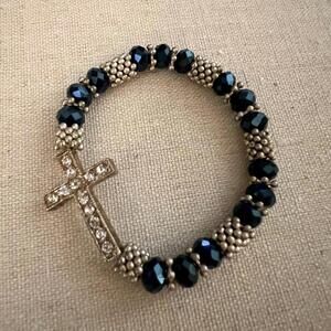 Silver and sapphire blue crystal beads w cross w embedded crystals - M